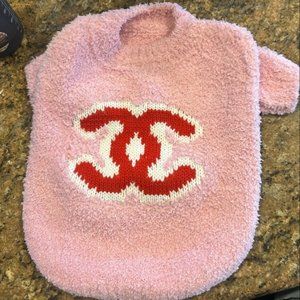 beautiful super stretchy soft  cozy knit pink dog sweater with C C Logo.